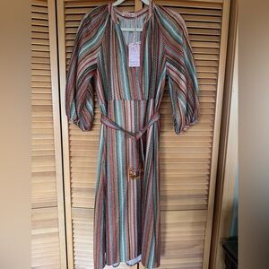 NWT Traffic People Metallic Stripe Midi Dress • Boho Retro Belted Dress • Size L